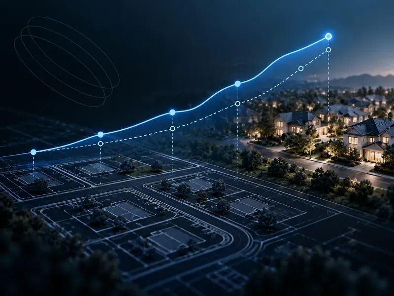 Ranking growth chart over a residential development and blueprint, representing position gains across state markets
