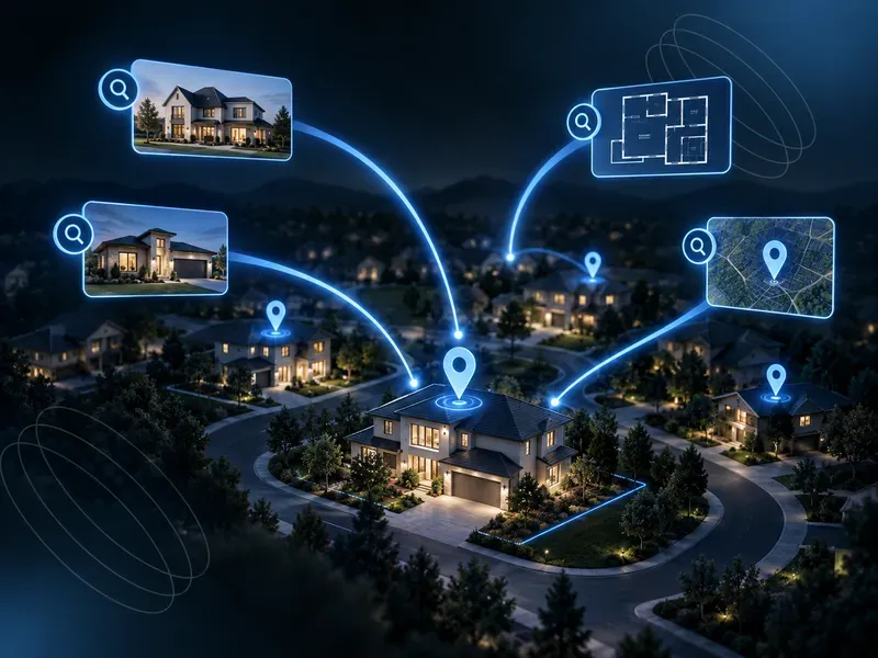 Digital blueprints and property locations connected to an aerial view of a neighborhood