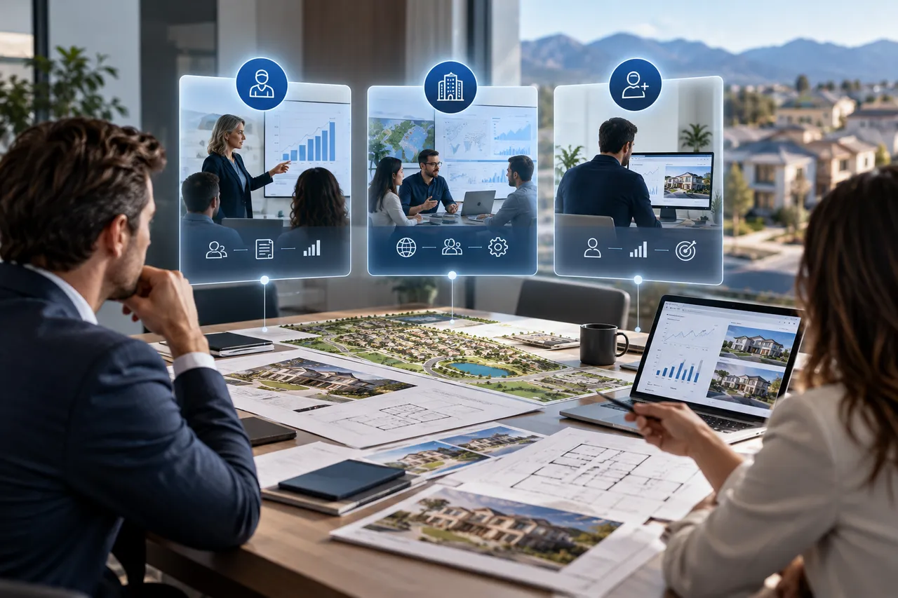 Builder marketing leaders reviewing blueprints and growth analytics in an SEO planning meeting
