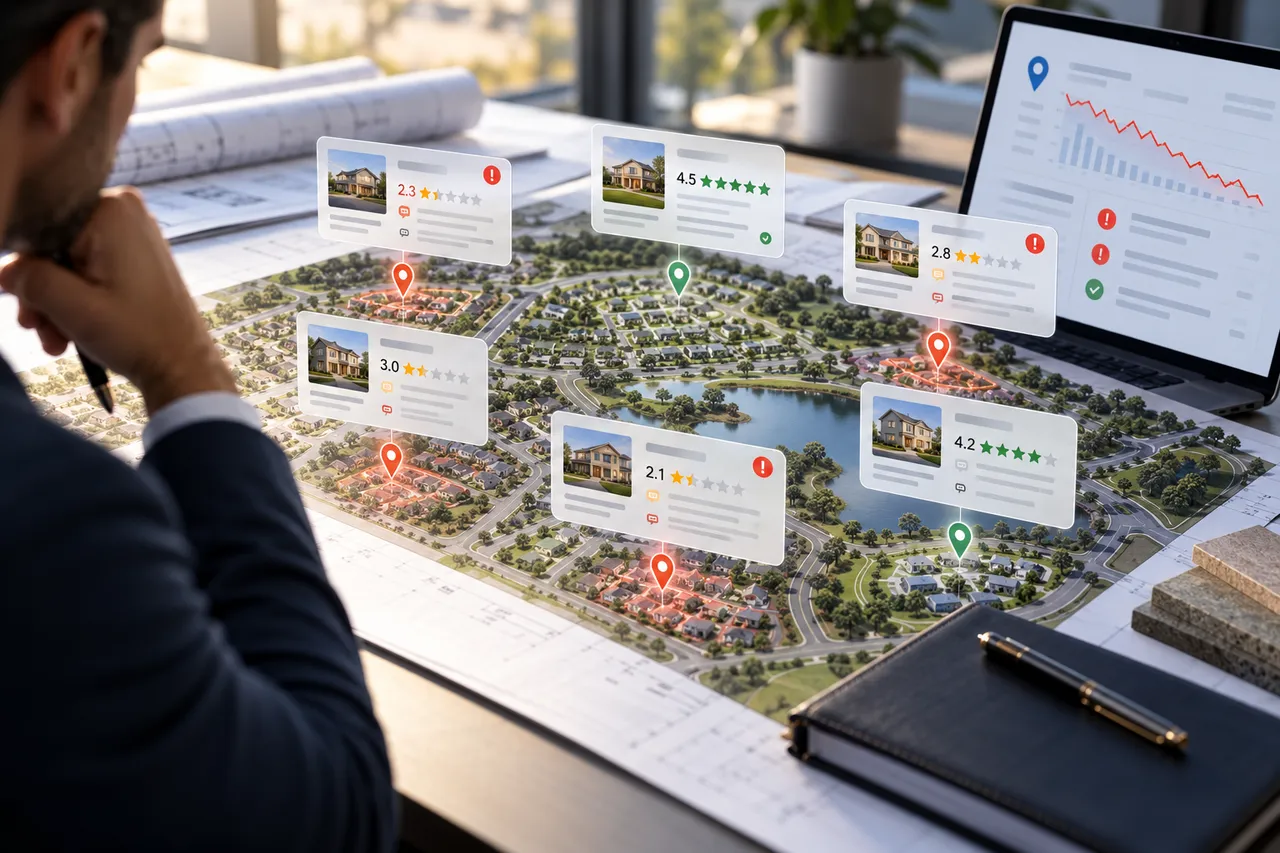 Professional reviewing a community master plan with review ratings and local search metrics on a laptop