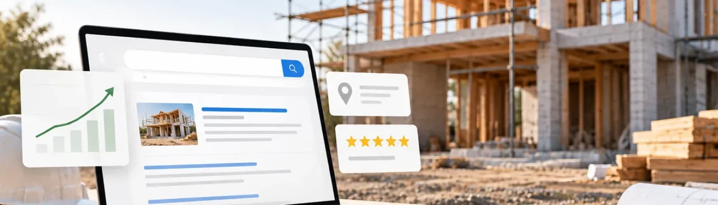 Laptop on blueprints showing search metrics, with a residential construction site behind it